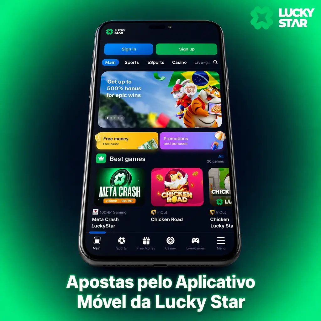 Aplicativo móvel Lucky Star para apostas esportivas com odds ao vivo, boletim rápido e notificações push de resultados.