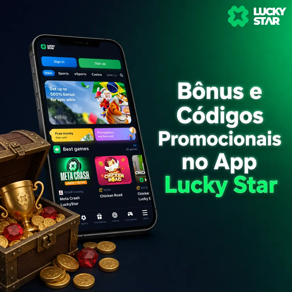 Bônus de boas-vindas até 500% e códigos promocionais no app Lucky Star, com ativação pela seção Promoções do menu principal.