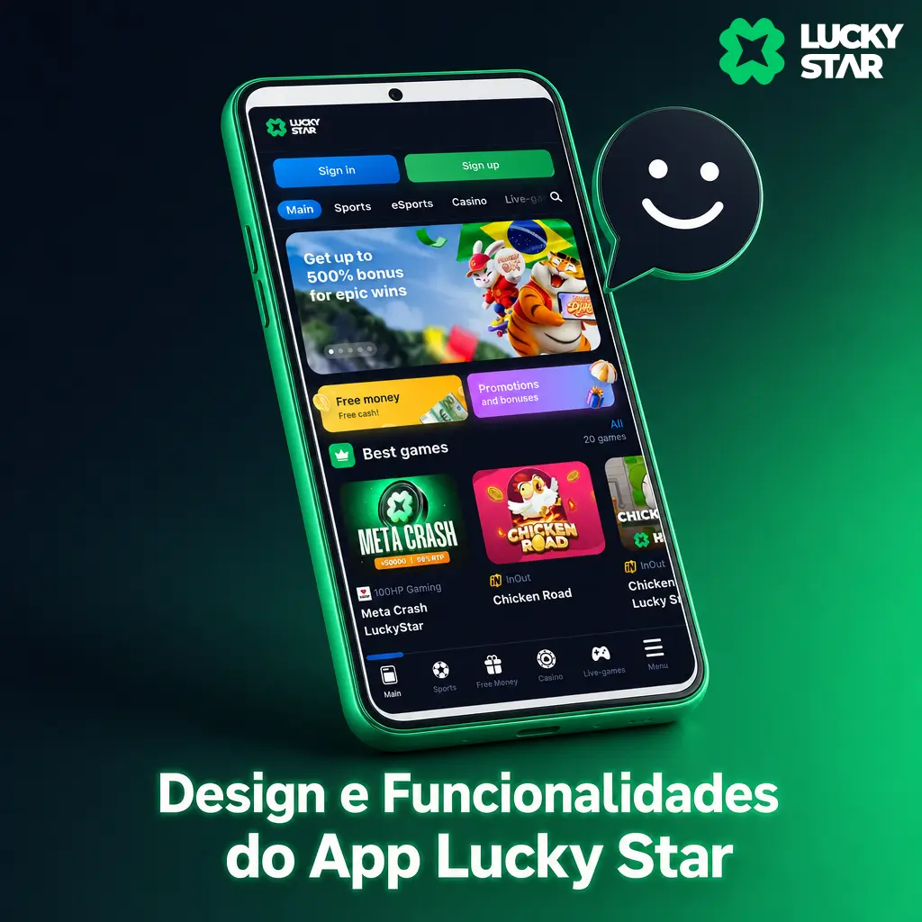 Tela do app Lucky Star em azul marinho e verde, mostrando apostas esportivas, cassino e barra de navegação inferior.