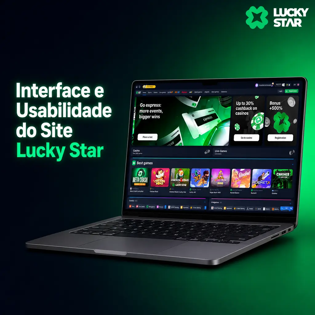 Interface do site Lucky Star em azul-marinho e verde neon, com menu fixo, busca rápida e botões de depósito visíveis.