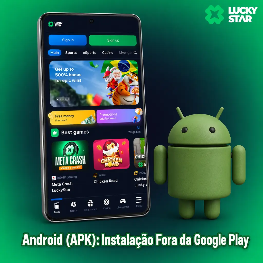 Instalação do app Lucky Star via APK no Android, fora da Google Play, com segurança verificada.