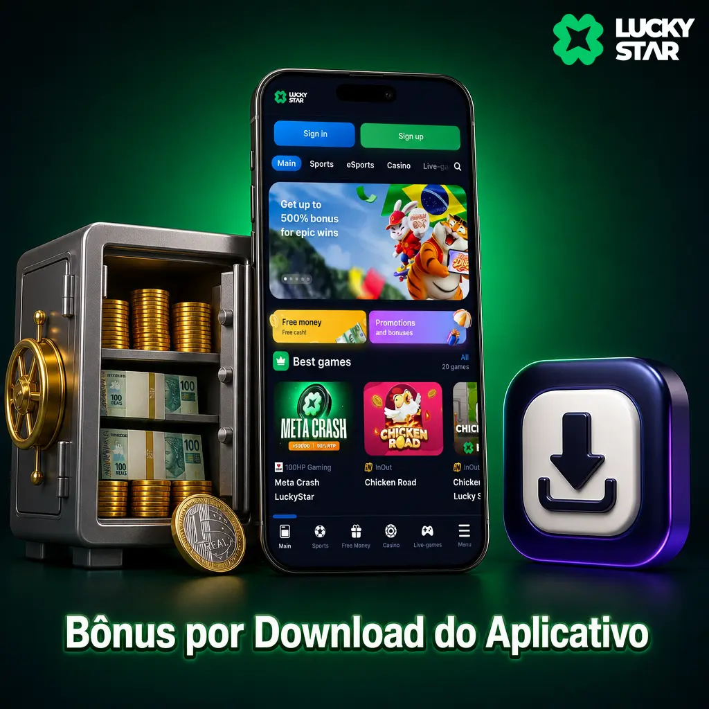 Bônus de R$20 sem depósito ao baixar o app Lucky Star, disponível para Android e iOS no primeiro login