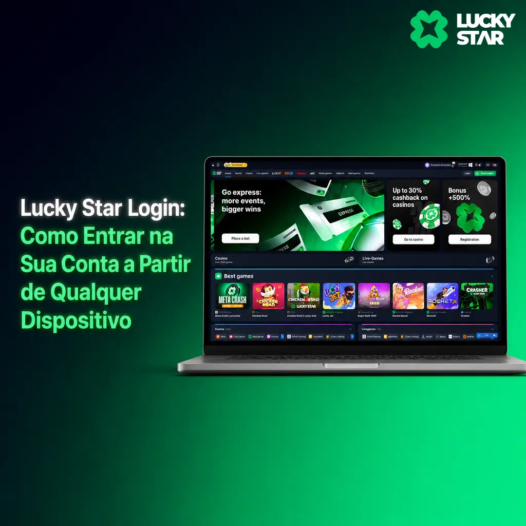 Tela de login da Lucky Star com campos para e-mail, senha e opções de acesso via redes sociais.