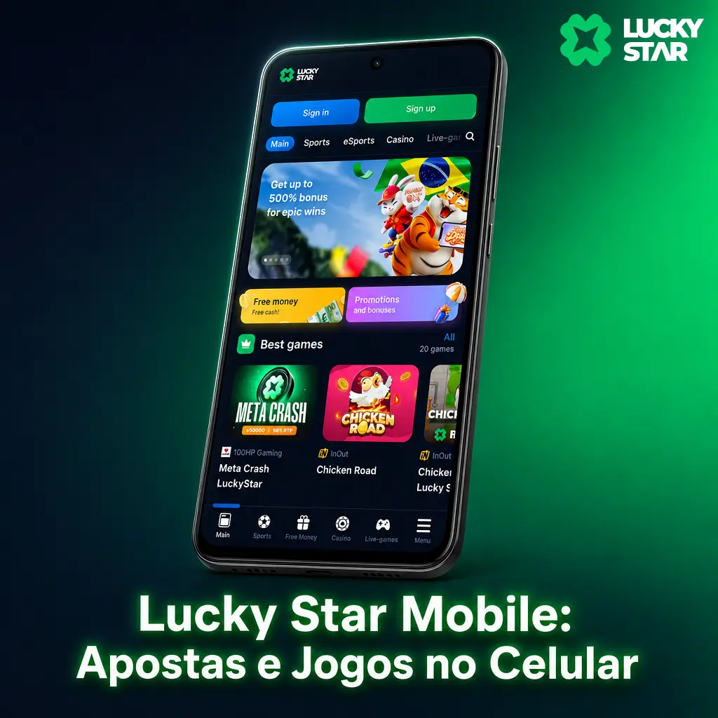 Tela do aplicativo Lucky Star Mobile mostrando apostas esportivas, cassino ao vivo e o jogo Aviator no celular.