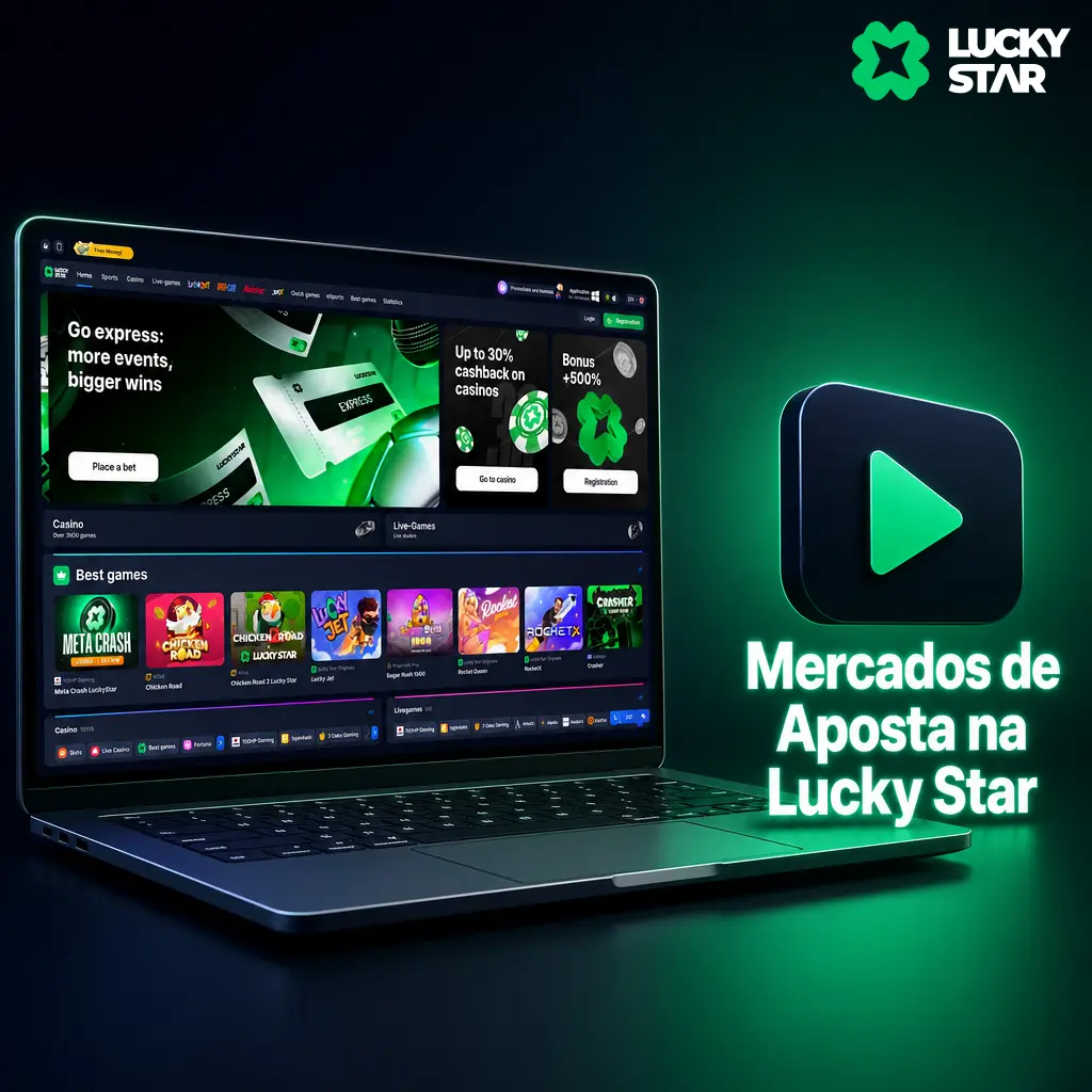 Diversos mercados de aposta esportiva na Lucky Star, incluindo 1X2, handicap, over/under e placar exato